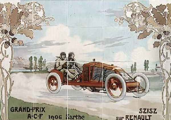 Szisz driving a Renault car in the French Grand Prix of 1906 at Sarthe Oil Painting by Ernest Montaut