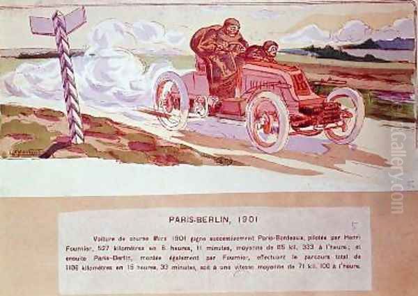 Henri Fournier in his Mors competing in the Paris-Berlin rally in 1901 1910 Oil Painting by Ernest Montaut