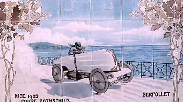 Serpollet driving in the Rothschild Cup of 1903 in Nice ceramic tiles manufactured by Gilardoni Fils et Cie of Paris Oil Painting by Ernest Montaut