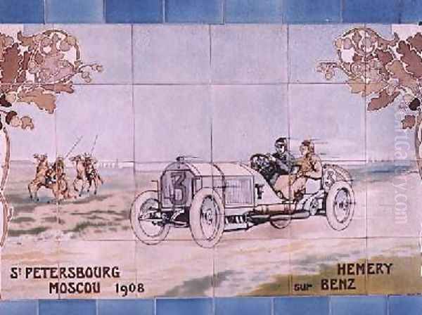 Hemery driving a Benz car in the St Petersburg to Moscow race of 1908 Oil Painting by Ernest Montaut