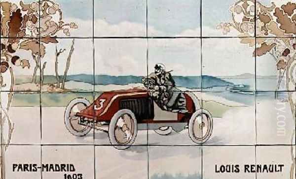 Louis Renault driving in the Paris to Madrid race of 1903 Oil Painting by Ernest Montaut