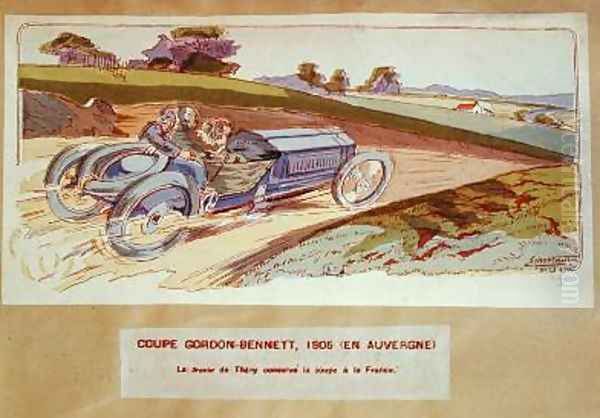 The Richard-Brasier car driven by Leon Thery during the Gordon-Bennett race in the Auvergne in 1905 1910 Oil Painting by Ernest Montaut