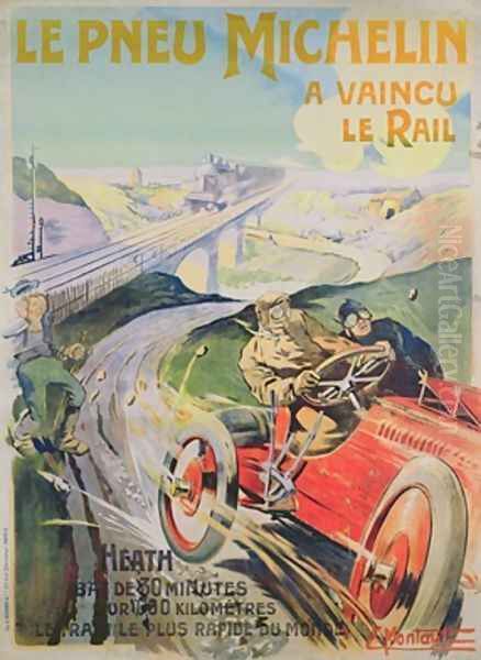 Poster advertising Michelin tyres are faster than rail Oil Painting by Ernest Montaut