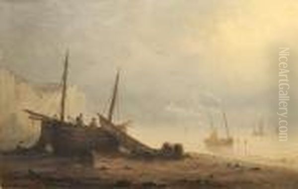 Beach Scene At Low Tide, With Figures And Fishing Boats Oil Painting by Herminie Gudin