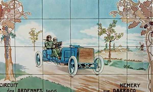 Hemery driving a Darracq car in the Circuit des Ardennes of 1905 Oil Painting by Ernest Montaut