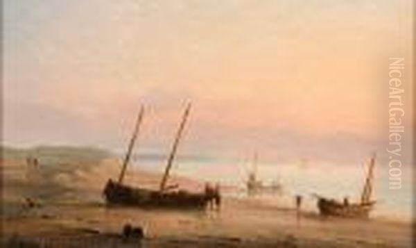 Bateaux Et Pecheurs Sur La Greve Oil Painting by Herminie Gudin