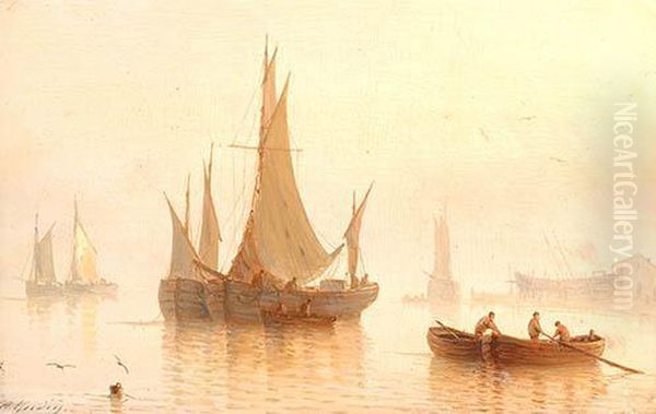 Ships At Sunset Oil Painting by Herminie Gudin