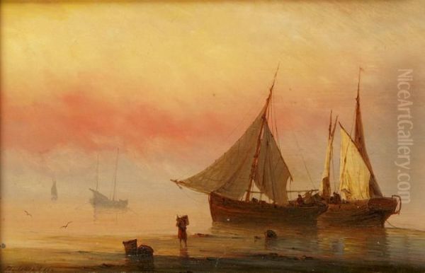 Bateaux De Pecheurs Au Soleil Couchant Oil Painting by Herminie Gudin