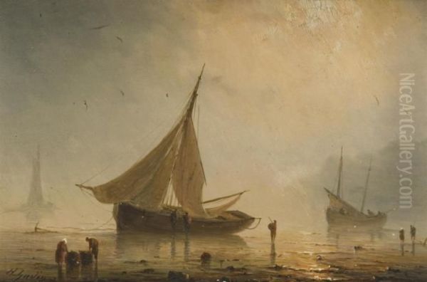 Fishing Boats In A Calm Oil Painting by Herminie Gudin