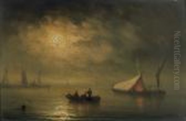 Voiliers En Mer Sous La Pleine Lune. Oil Painting by Herminie Gudin