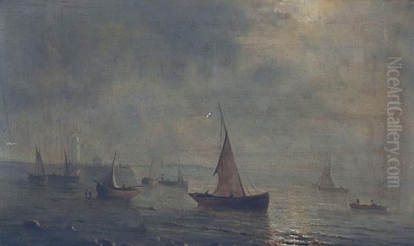 Fishing Vessels Off A Moonlit Coast; And Another, Ship Wreck Oil Painting by Herminie Gudin