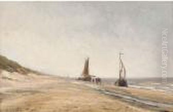 Fishing Boats At Low Tide Oil Painting by Herminie Gudin