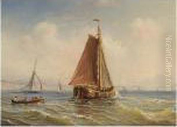 Sailing Vessels And A Rowing Boat Offshore Oil Painting by Herminie Gudin