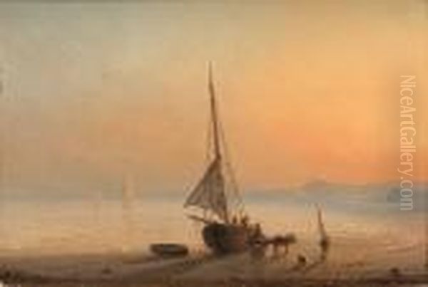 Beached Fishing Boat, Sunset; Shrimping Oil Painting by Herminie Gudin