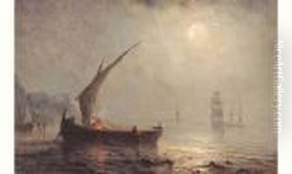 Voiliers Au Clair De Lune. Oil Painting by Herminie Gudin