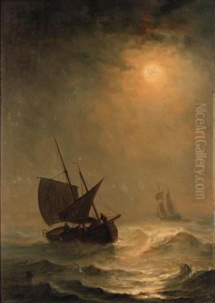 Fishing Luggers At Dusk Oil Painting by Herminie Gudin