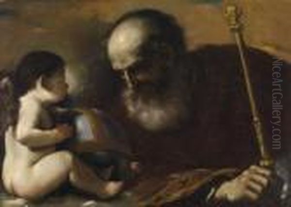 God The Father With A Winged Angel Supporting A Globe Oil Painting by Guercino