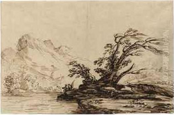 A River Landscape With A Fisherman Oil Painting by Guercino