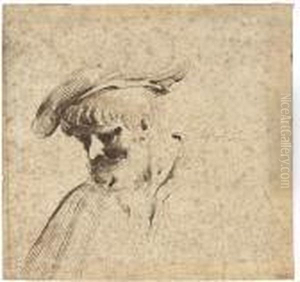 Head Of A Bearded Man Wearing A Beretta Oil Painting by Guercino