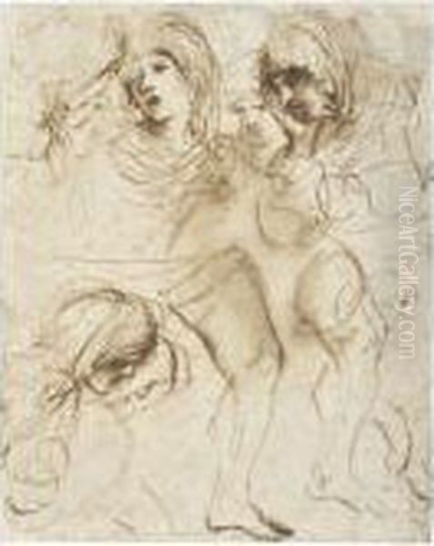 Sheet Of Studies Of The Heads Of Girls And Of Legs Oil Painting by Guercino