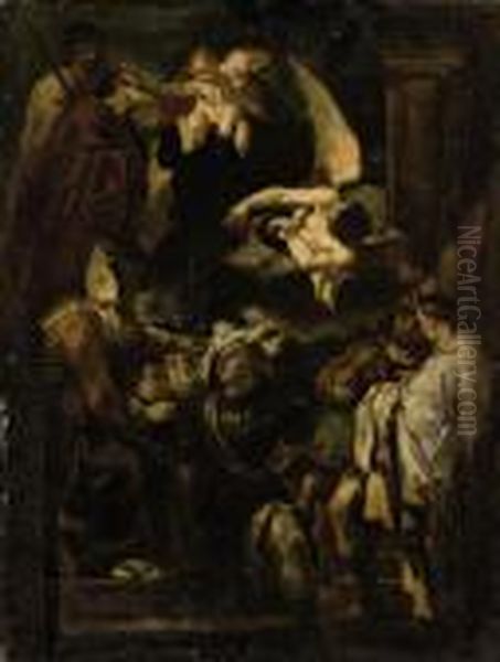 Saint William Of Aquitaine Receiving The Cowl From Saint Benedict Oil Painting by Guercino