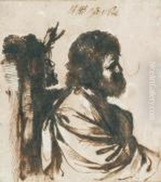 A Study Of A Bearded Man In Profile Oil Painting by Guercino