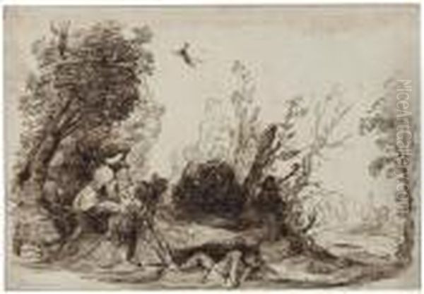 Two Men Digging A Grave By A Clump Of Trees Oil Painting by Guercino