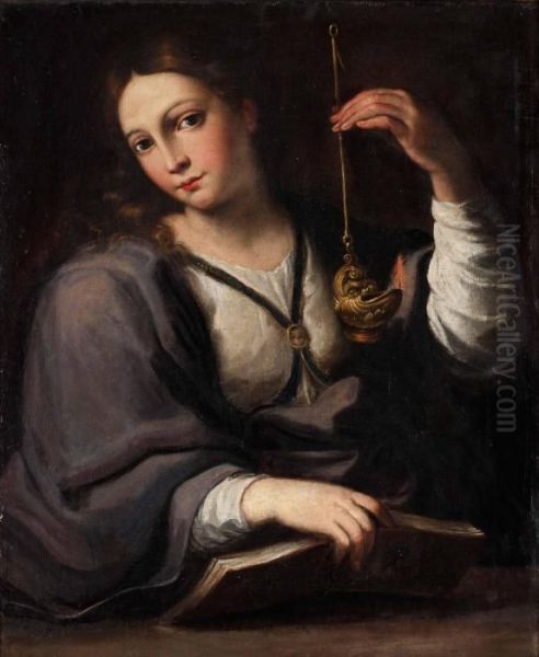 Flicka Med Oljelampa Oil Painting by Guercino