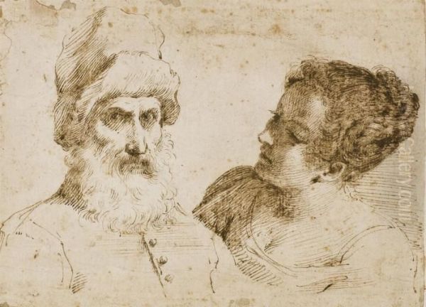 A Bearded Man, Half-length, Wearing A Hat, And A Young Woman Oil Painting by Guercino