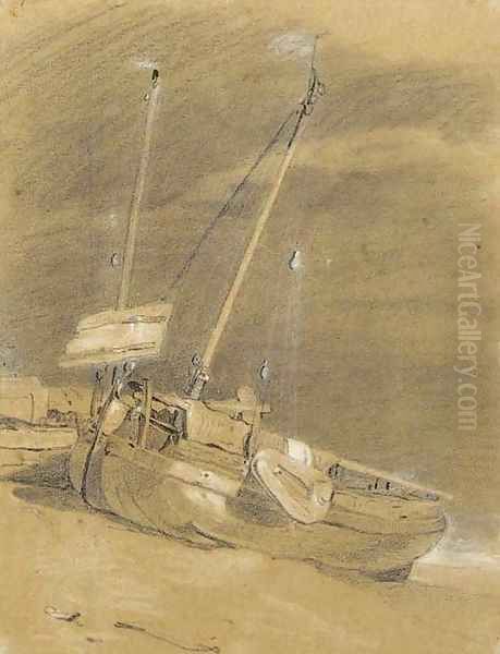 A beached fishing vessel at low tide Oil Painting by William Mulready