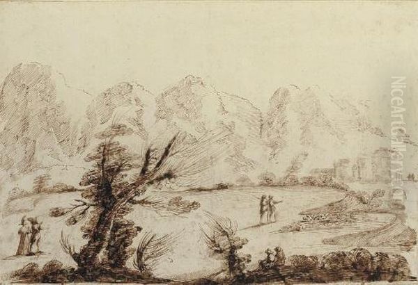 An Extensive Landscape With Figures Promenading By A River, A Village Seen Beyond Oil Painting by Guercino