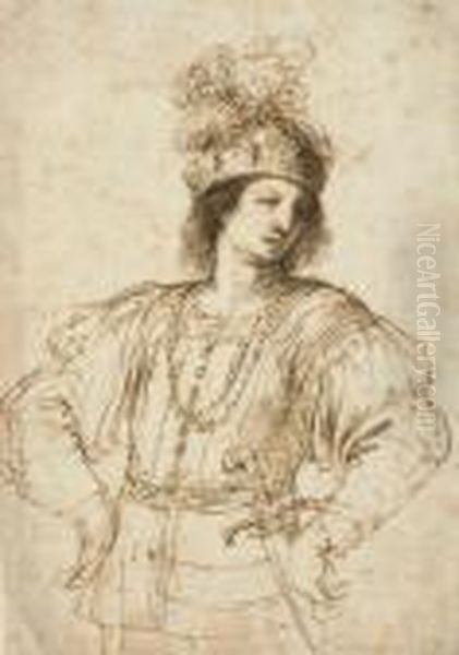 A Young Man With A Sword In Elaborate Dress, His Hands On His Hips Oil Painting by Guercino