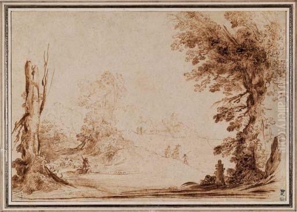 Berger Gardant Son Troupeau Dans Un Paysage, Des Figures I L'arriere-plan Oil Painting by Guercino