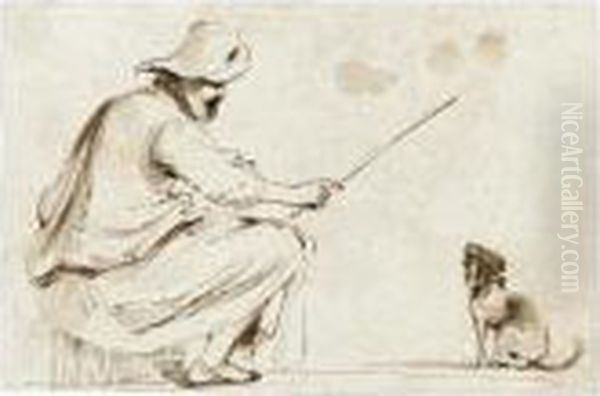 A Seated Man Wearing A Hat And Holding A Cane To Train A Dog Oil Painting by Guercino