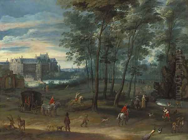 The park of the Viceregal Palace, Brussels, with elegant company by a fountain Oil Painting by Pieter Meulener