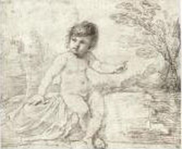 A Child Seated In A Landscape, Pointing To His Left Oil Painting by Guercino