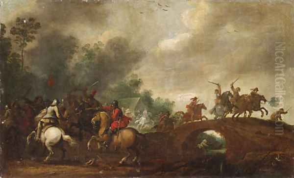 A Cavalry Skirmish on the outskirts of a Wood by a Bridge Oil Painting by Pieter Meulener