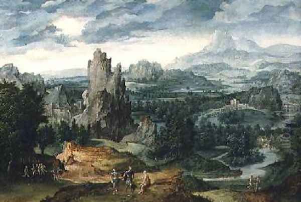 Landscape with Jupiter and other classical figures in the foreground Oil Painting by Cornelis Massys