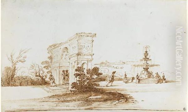 Paysage A L'arc De Triomphe Et A La Fontaine Oil Painting by Guercino