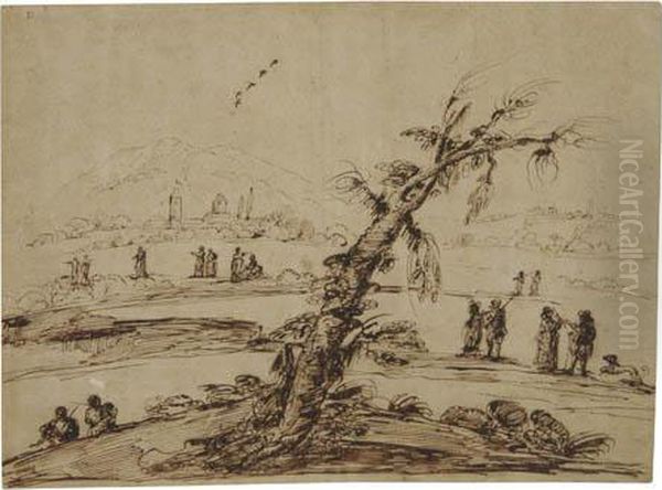 Landscape With A Large Tree And Figures Oil Painting by Guercino