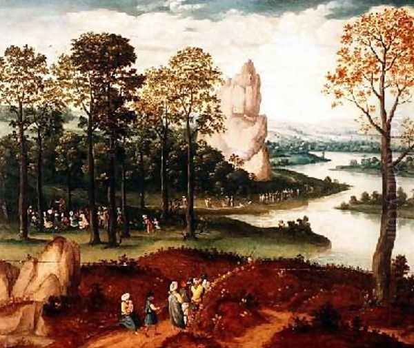 An extensive wooded river landscape with St John the Baptist preaching Oil Painting by Cornelis Massys