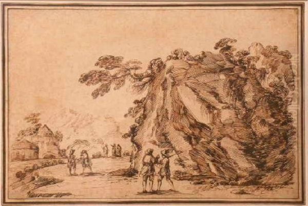 Figures In A Landscape With A Huge Boulder by Guercino