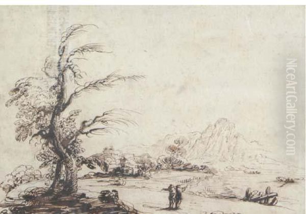 An Extensive Landscape With Figures Surveying Oil Painting by Guercino