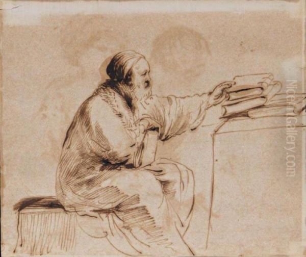 A Seated Man, Placing Books On A Table Oil Painting by Guercino