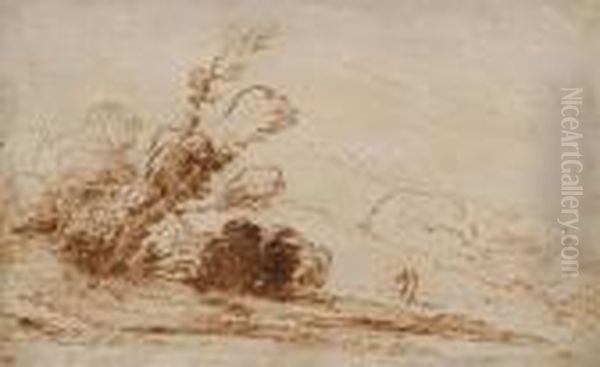 Landscape With Trees And Two Figures Oil Painting by Guercino