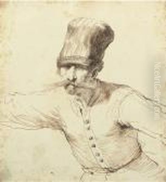 Caricature D'un Homme Portant Une Toque Et Une Moustache, A Mi-corps Oil Painting by Guercino