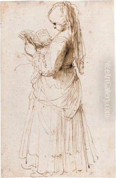 Young Woman Standing Reading Oil Painting by Guercino