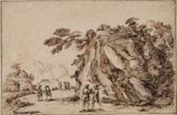 Landscape With A Rocky Outcropping And Soldiers Oil Painting by Guercino