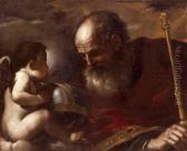 Atyaisten Gyermekangyallal Vedett - No Export Oil Painting by Guercino