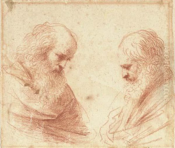 Two Bearded Men, Bust-length, Looking Down Oil Painting by Guercino